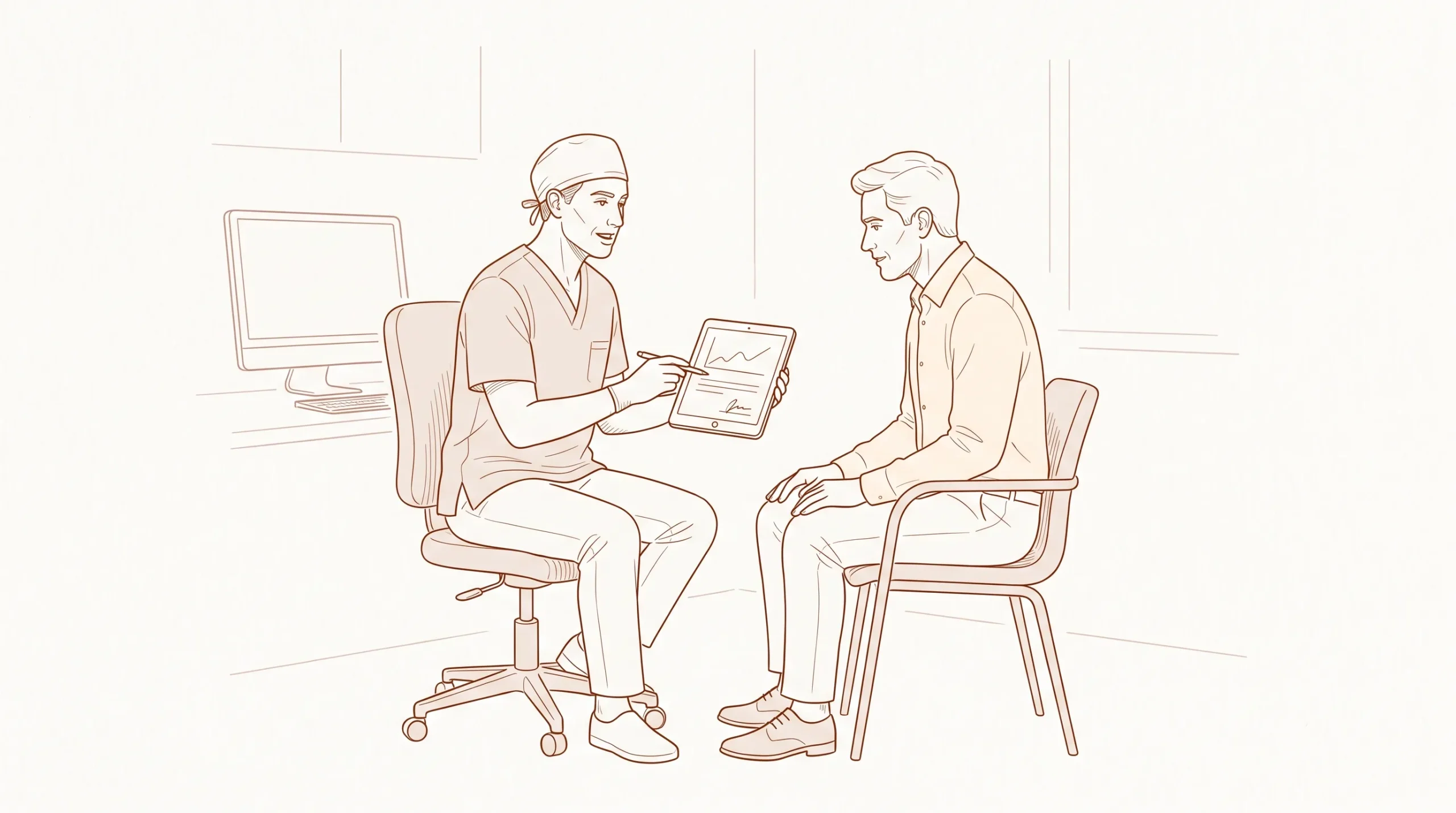A dentist in clean clinical scrubs discusses a treatment estimate with an adult patient in a consultation room.