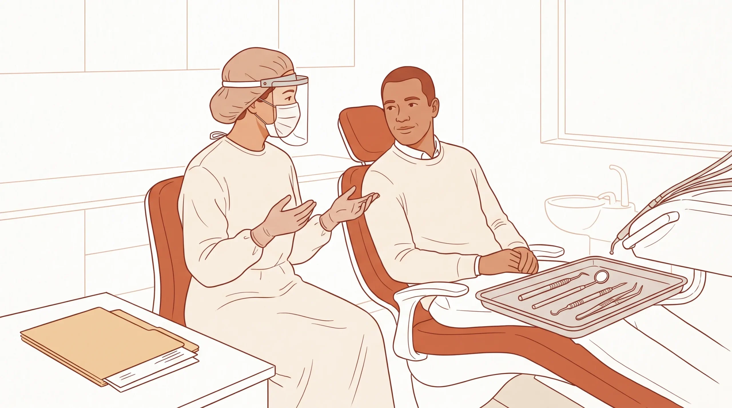 A dentist in PPE speaks with an adult patient beside a dental chair, with a small tray of instruments and a tidy folder nearby.