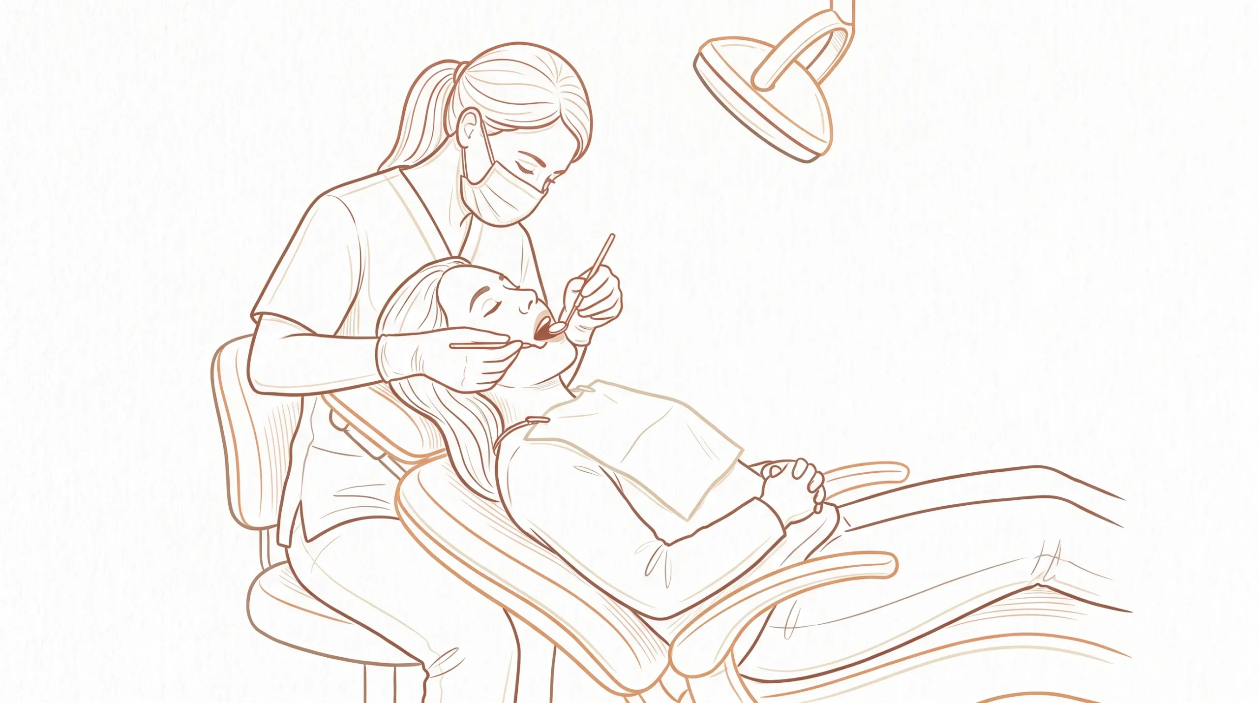 A masked dental professional in clinical attire examines a relaxed adult patient with a small dental mirror during a routine check-up.