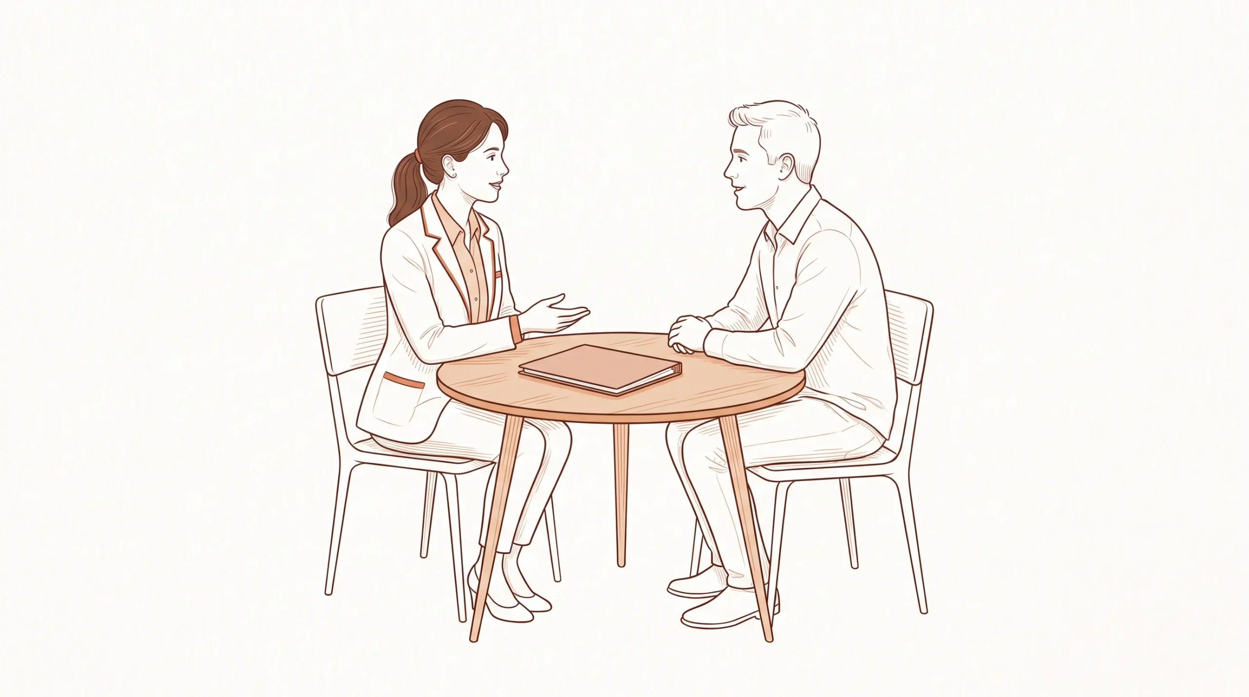 A patient and dentist discuss care across a small consultation table with a closed folder between them.