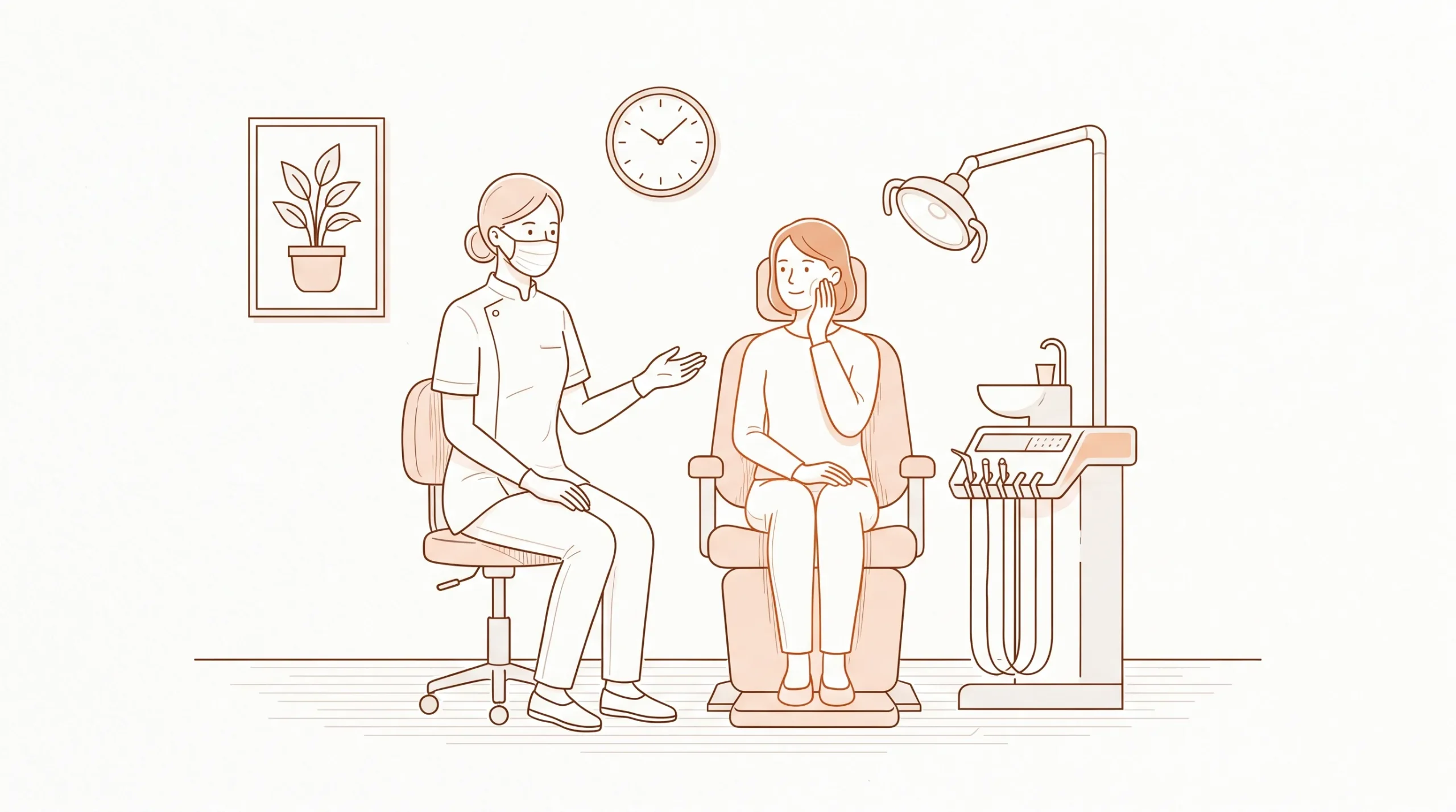 A patient with a sore tooth talks with a dentist in a clinical room, both shown with calm complete faces and a small exam chair beside them.