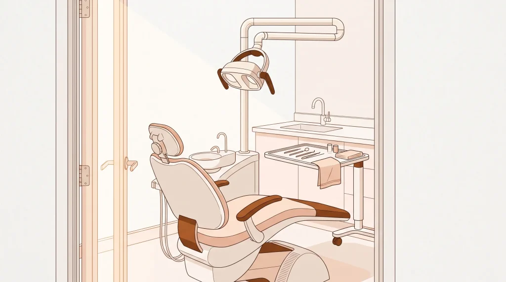 A prepared dental surgery has an examination chair, overhead light, sink and neatly arranged instruments ready for a check-up.