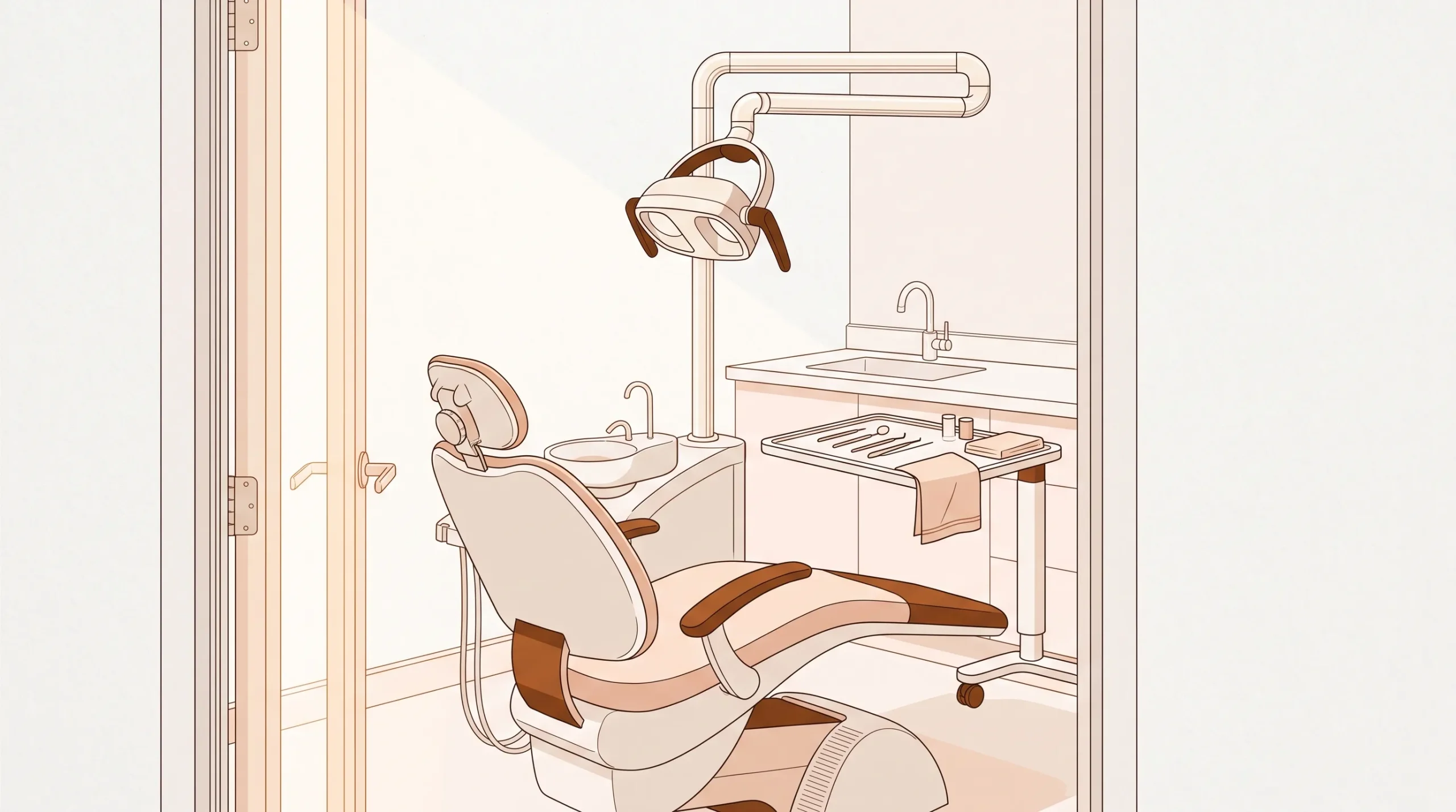 A prepared dental surgery has an examination chair, overhead light, sink and neatly arranged instruments ready for a check-up.
