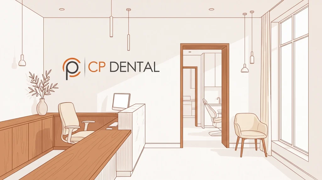 A quiet dental clinic entrance with a reception counter, waiting chair and doorway to treatment rooms.