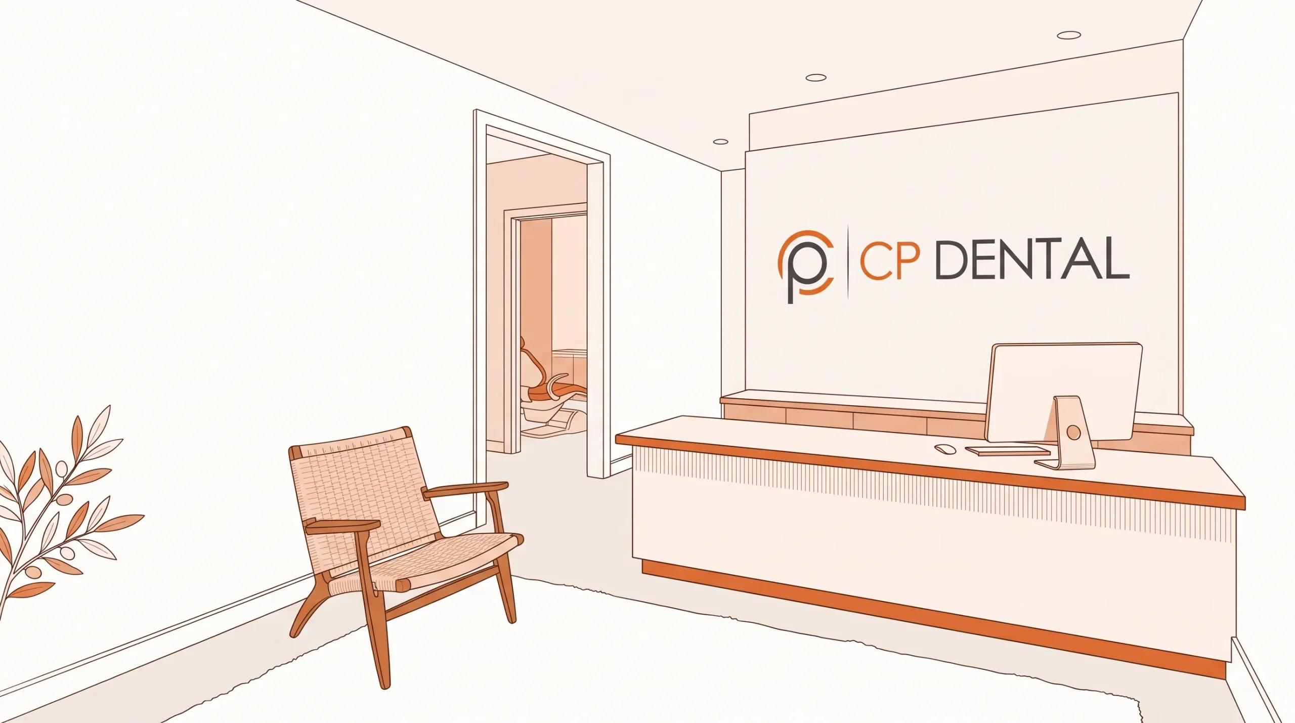 A quiet dental clinic reception shows the front desk, doorway and waiting chair beside the booking area.