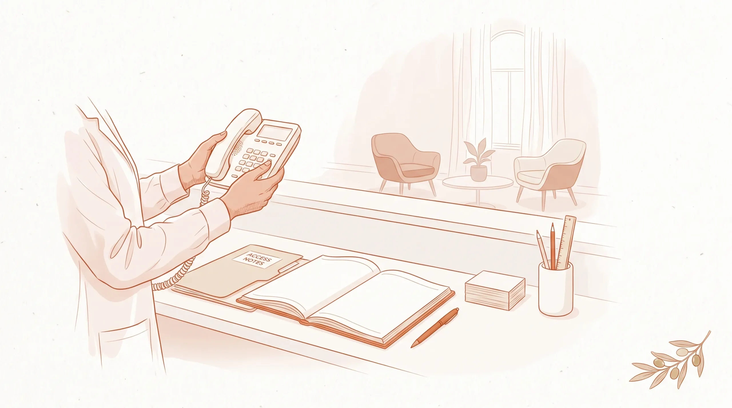 A receptionist checks access details and an appointment diary for a patient booking at a dental clinic.