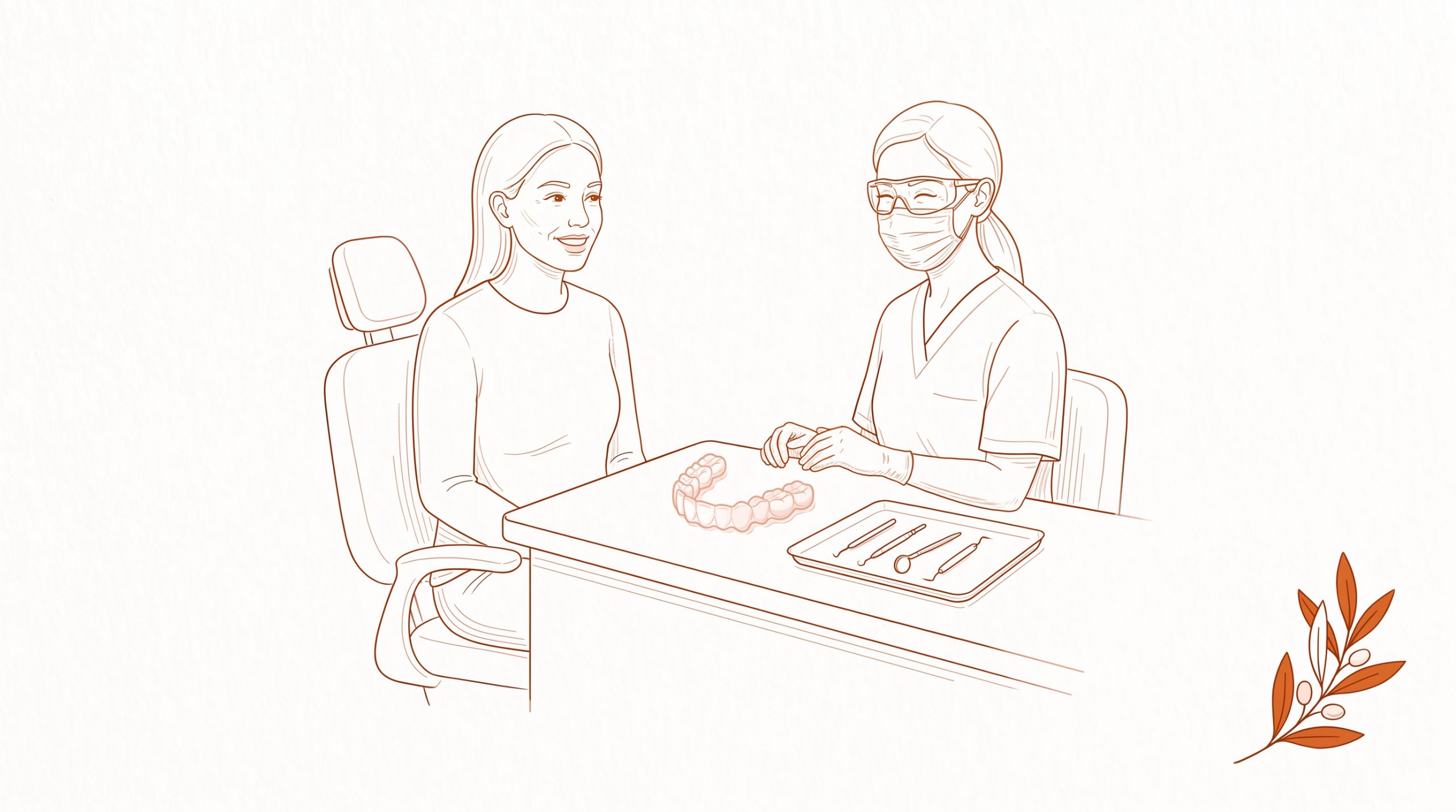 A smiling patient discusses dental care with a dentist wearing a mask, gloves and protective glasses; a clear aligner and examination tools sit on the table.