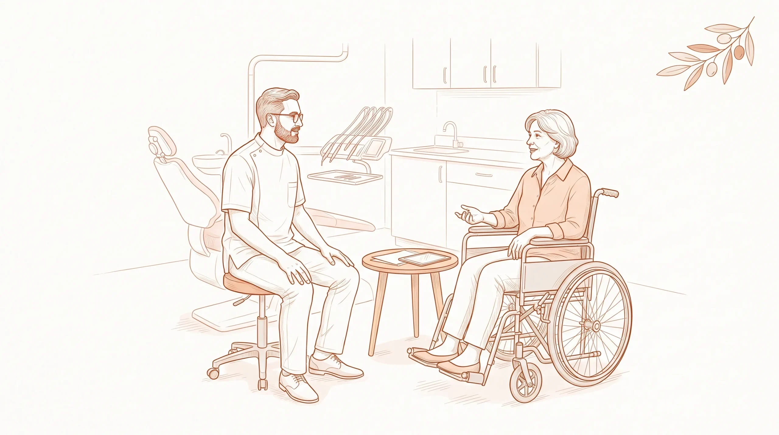 A wheelchair user and a dentist discuss access needs beside a dental chair in a consultation room.