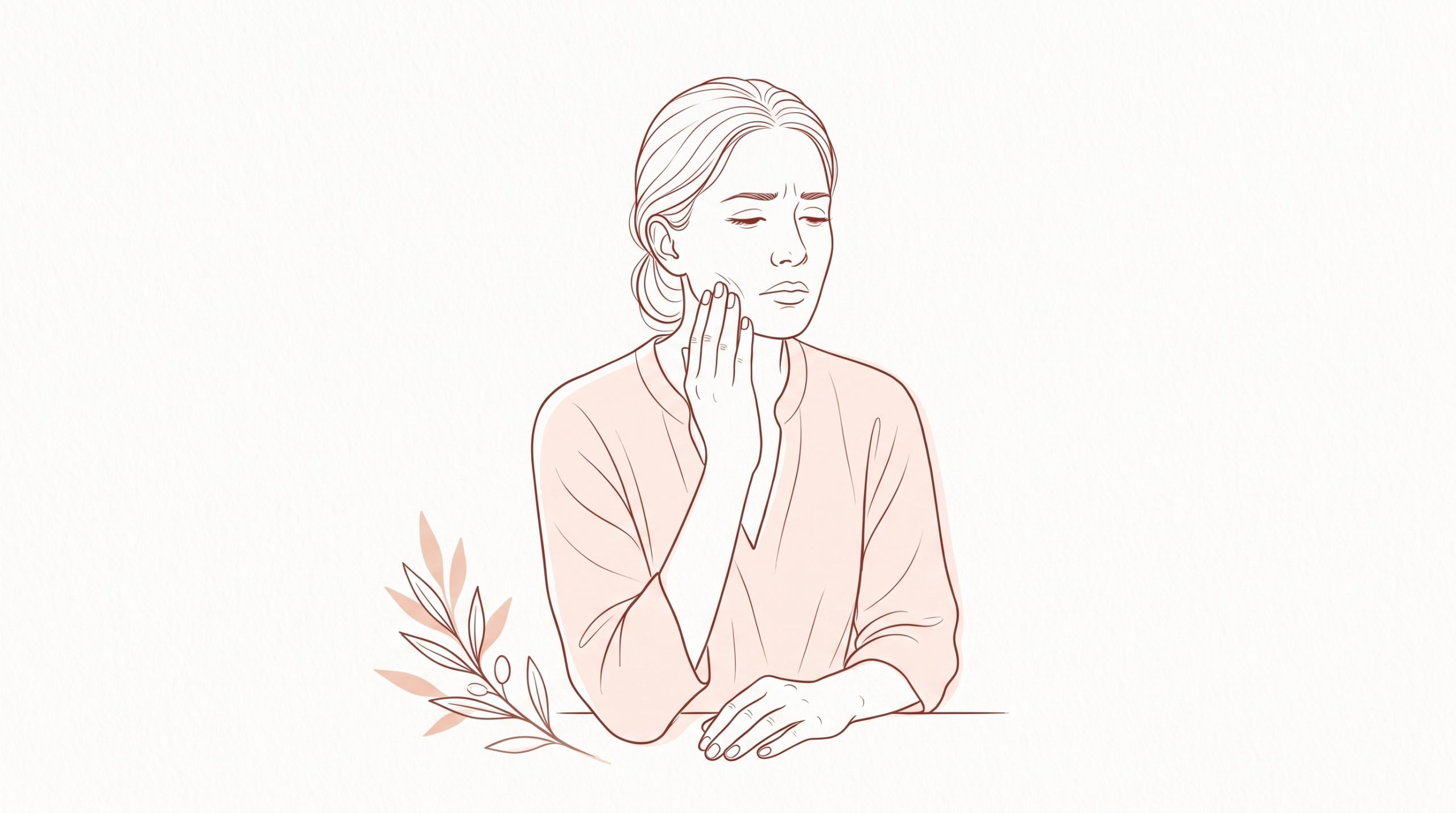 A woman presses her hand to her cheek with her eyes closed, showing dental pain and the need for an urgent dentist appointment.