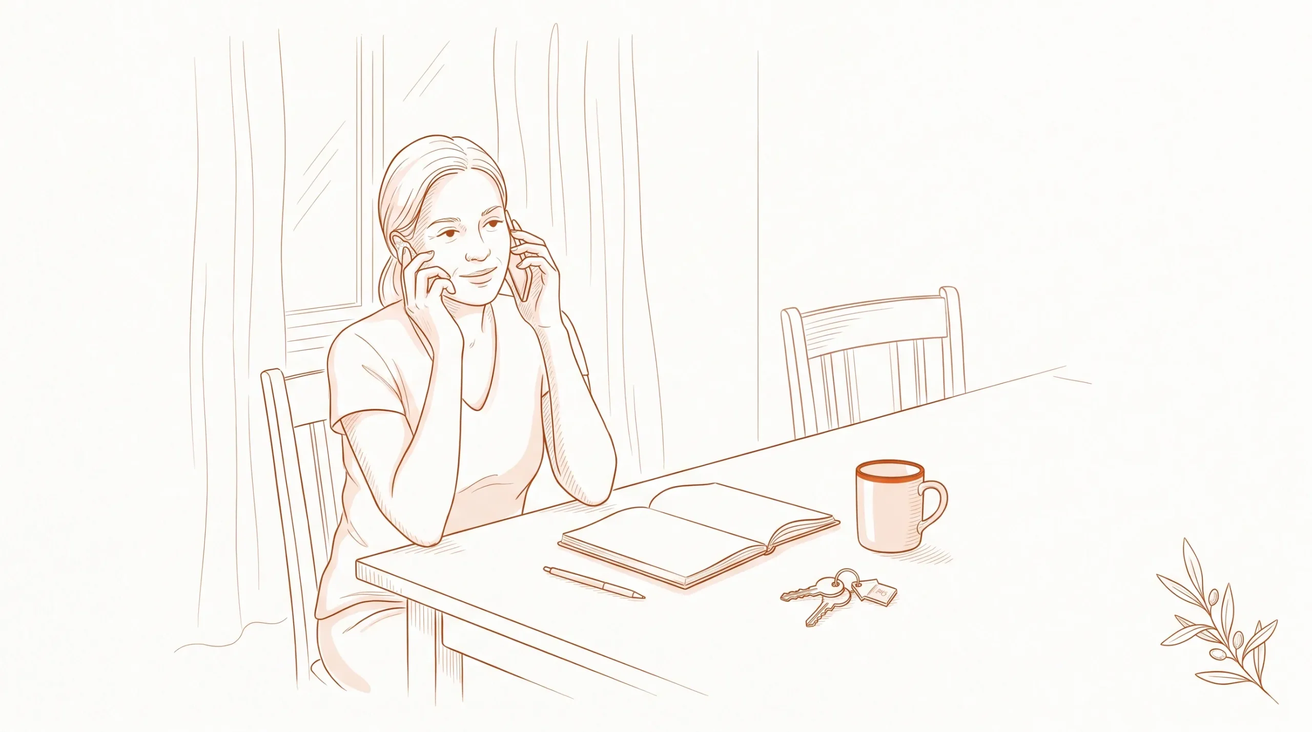 An adult at home makes a dentist phone number call with a notebook and keys beside them on the table.