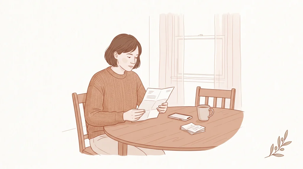 An adult at home reviews a dental estimate beside a phone at the dining table.