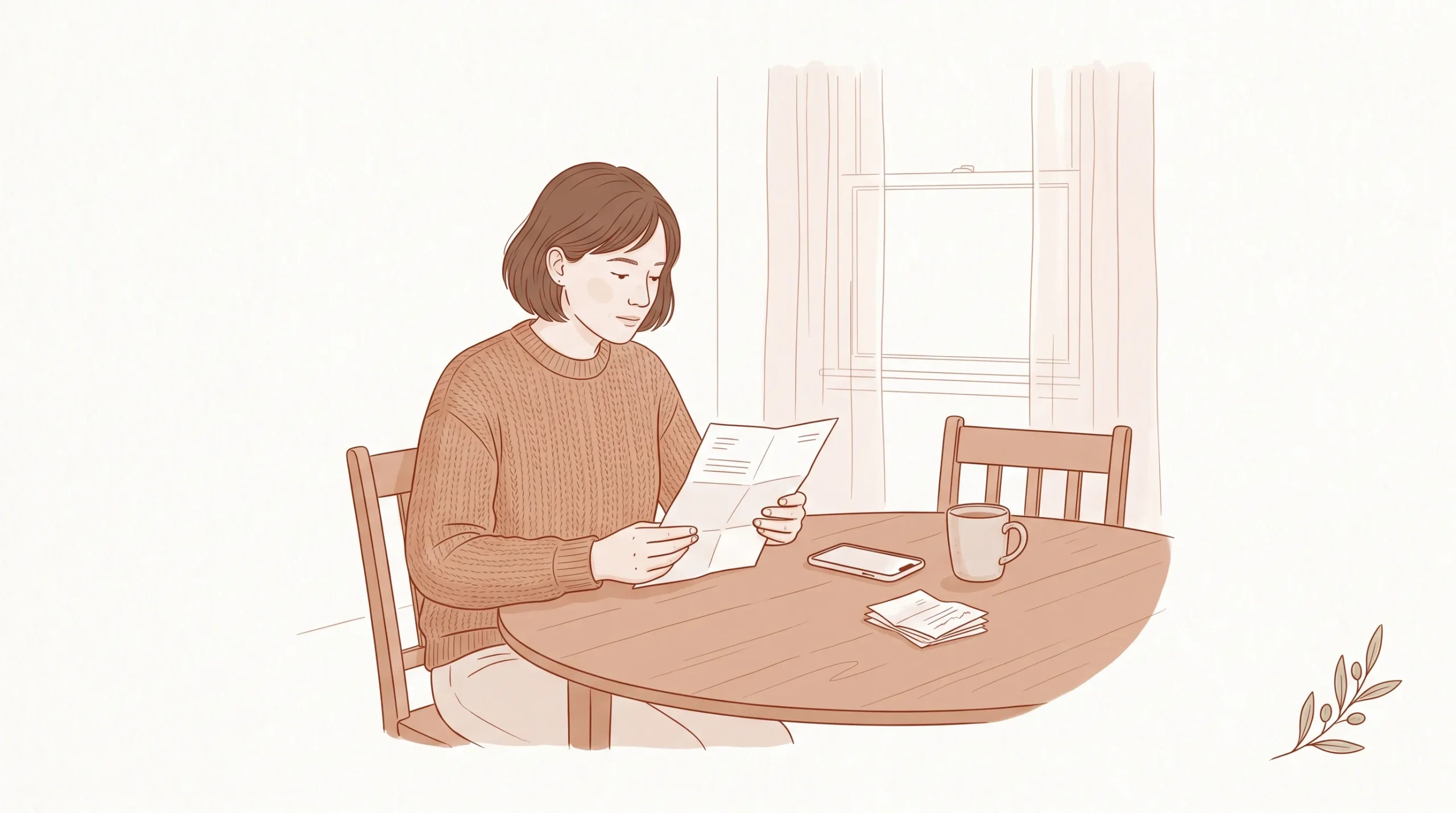 An adult at home reviews a dental estimate beside a phone at the dining table.
