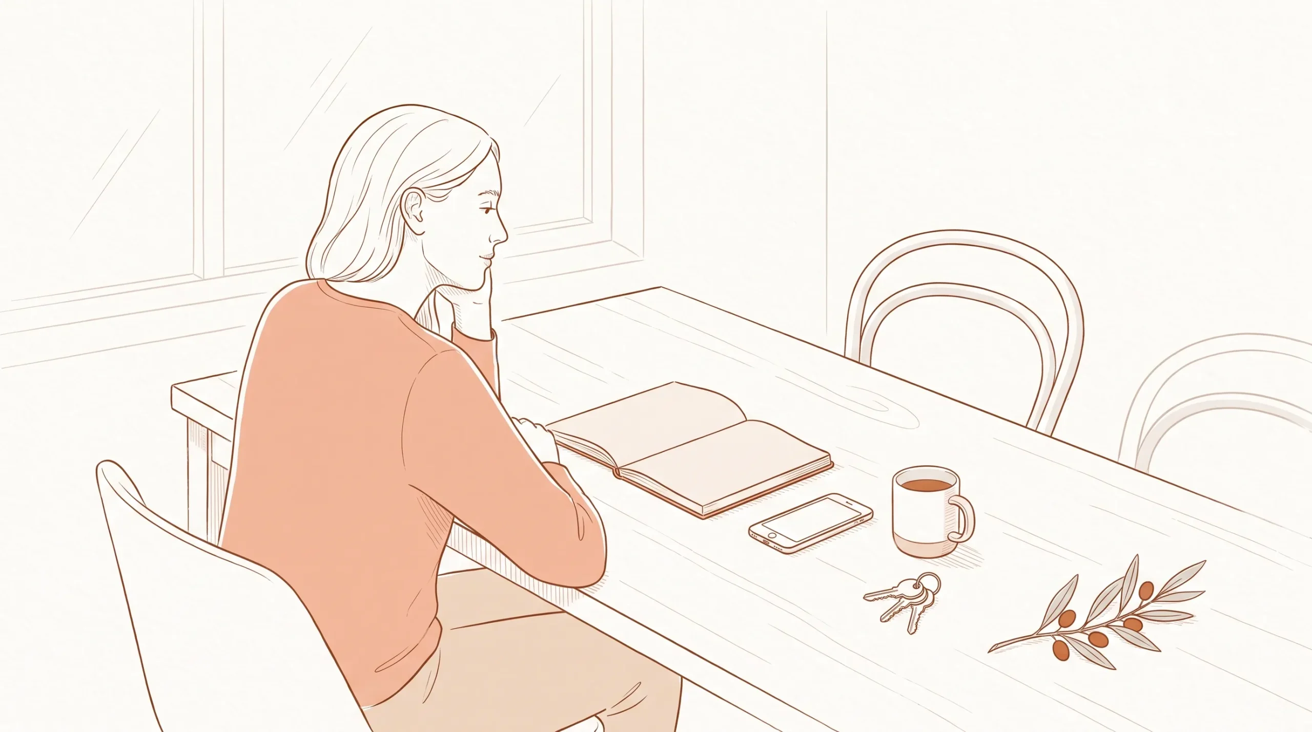 An adult reviews dental care notes at a tidy home dining table.
