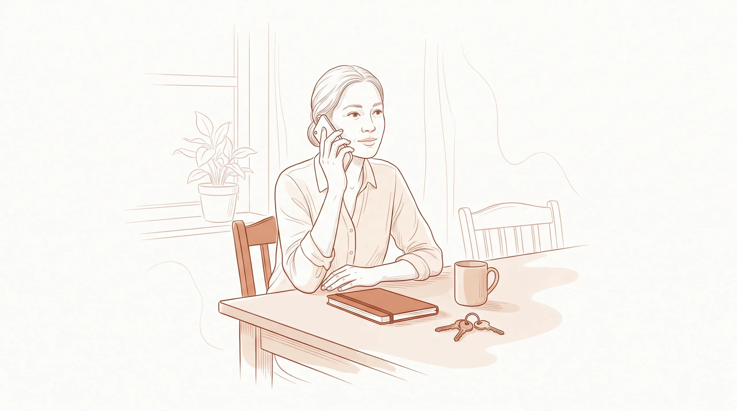 An adult sits at a kitchen table with a phone, notebook and keys while calling a dentist phone number.