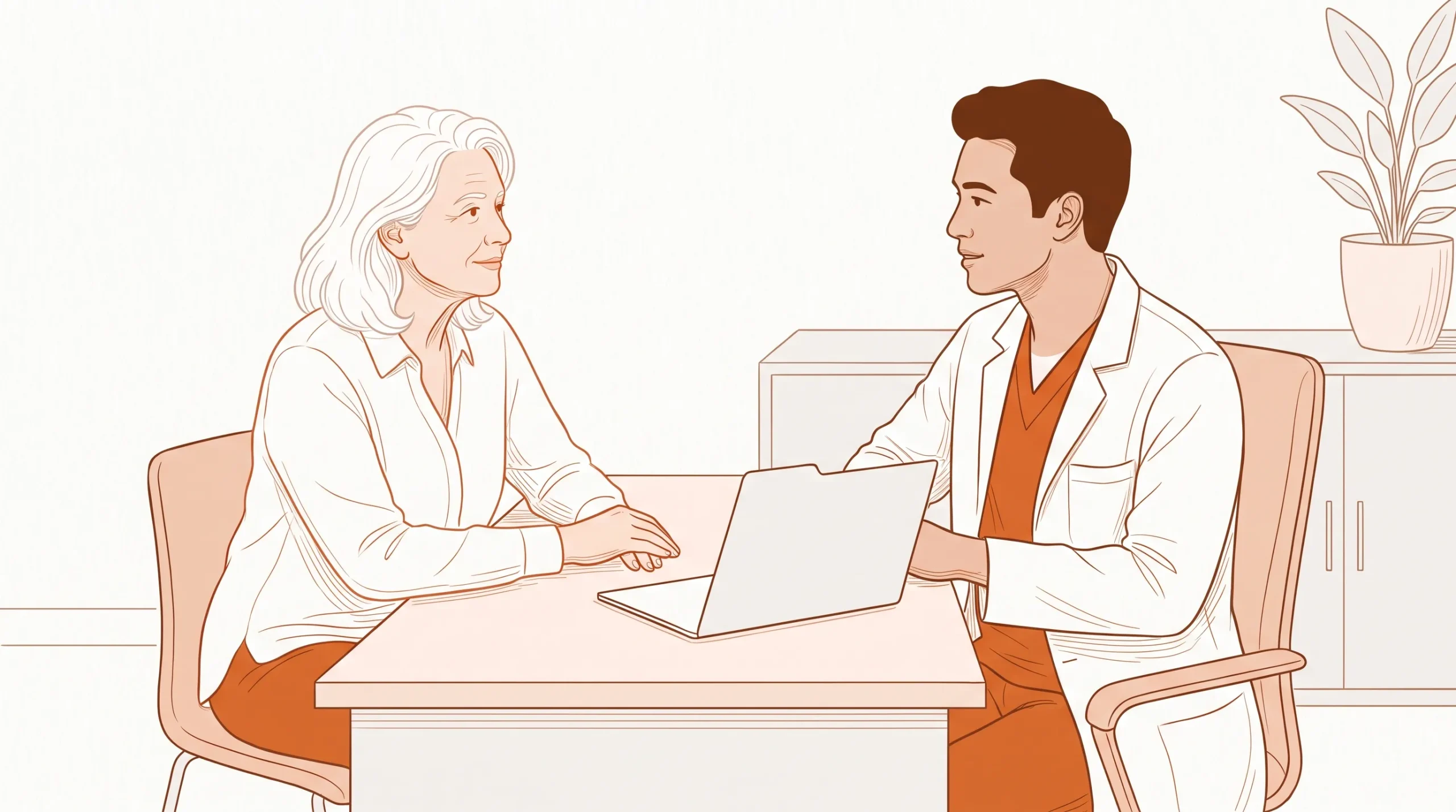 An older adult talks with a dentist during a seated consultation at a family dental clinic, with calm faces and a blank folder on the desk.