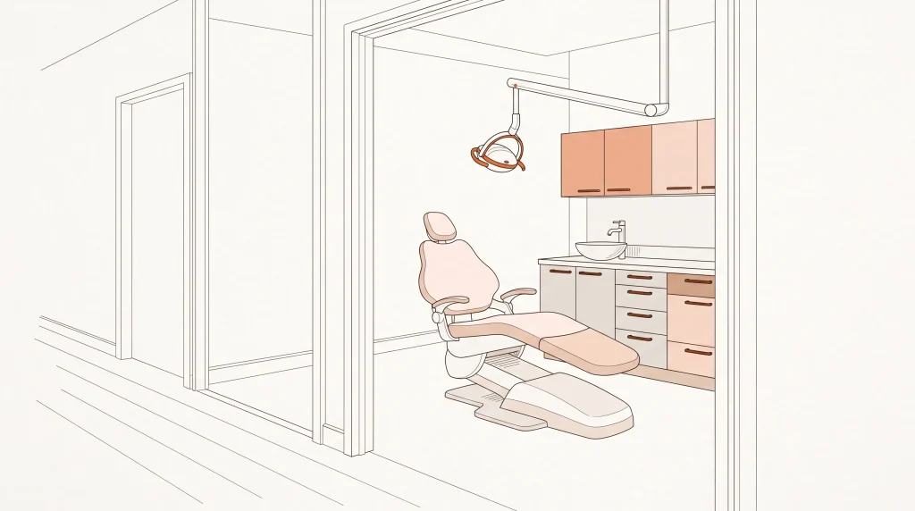 An orderly dental clinic treatment room is seen from the corridor, with a dental chair, examination light, sink and storage.