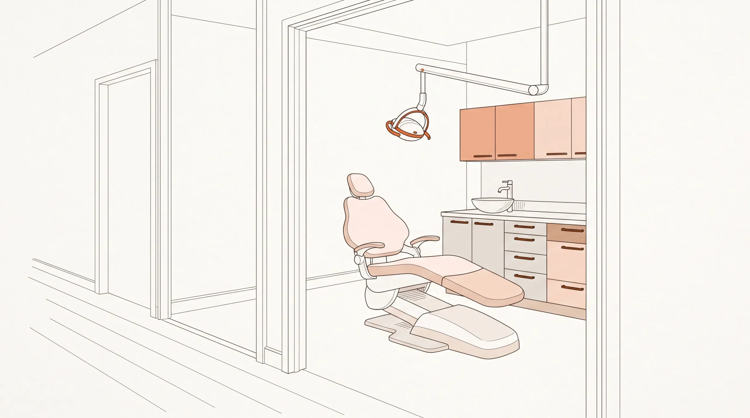 An orderly dental clinic treatment room is seen from the corridor, with a dental chair, examination light, sink and storage.
