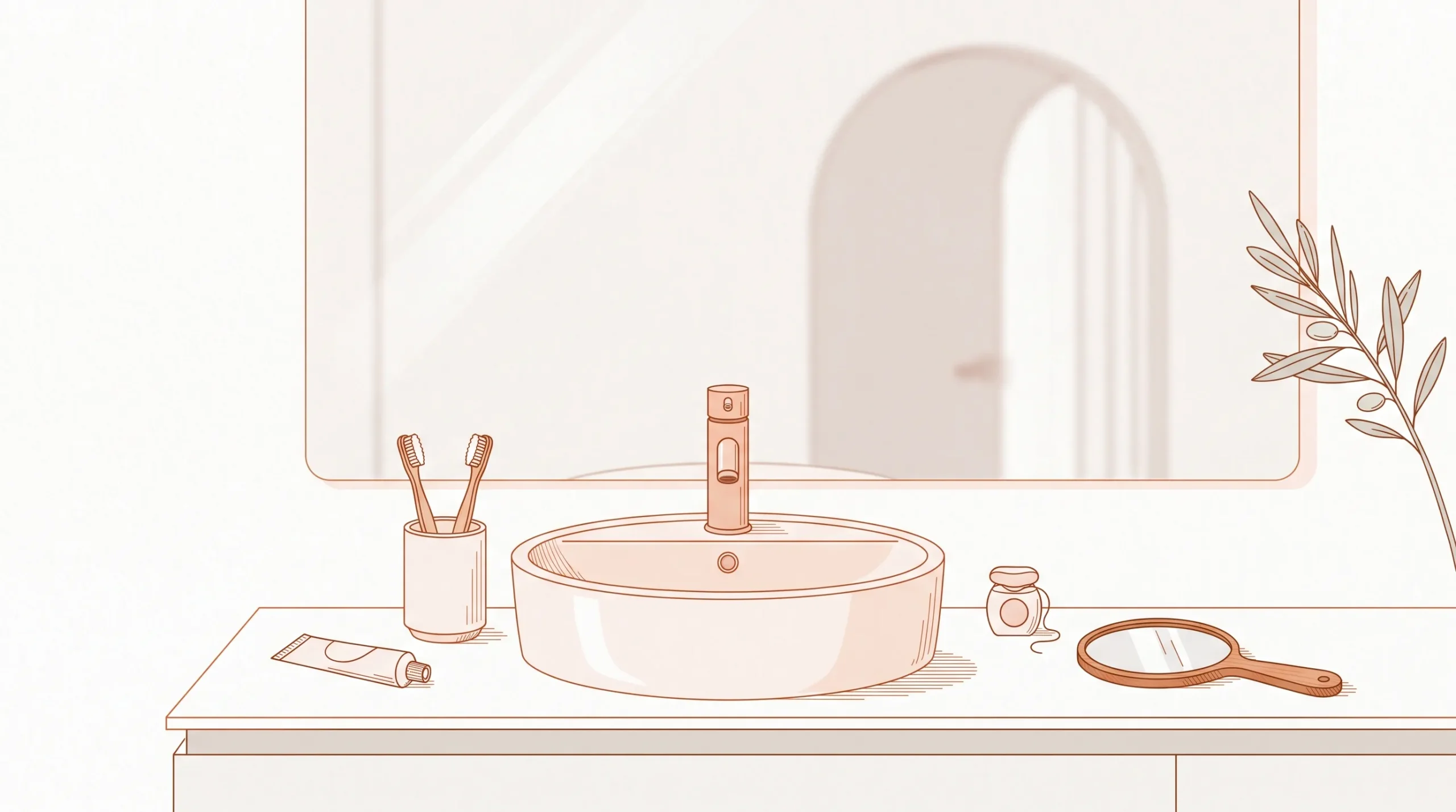 Everyday oral care items sit on a home bathroom counter as part of daily dental prevention.