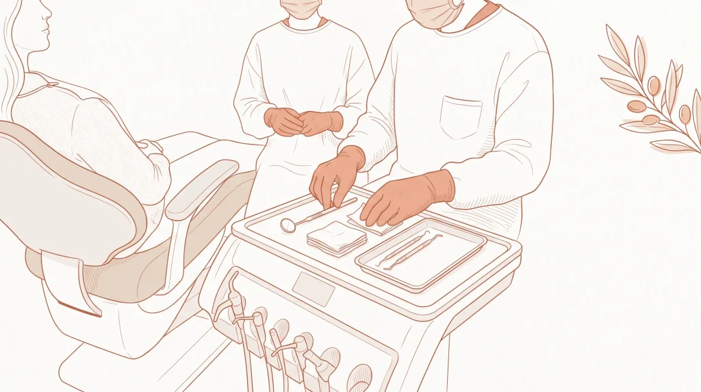 Gloved hands prepare a dental tray beside a chair, ready for an urgent appointment.