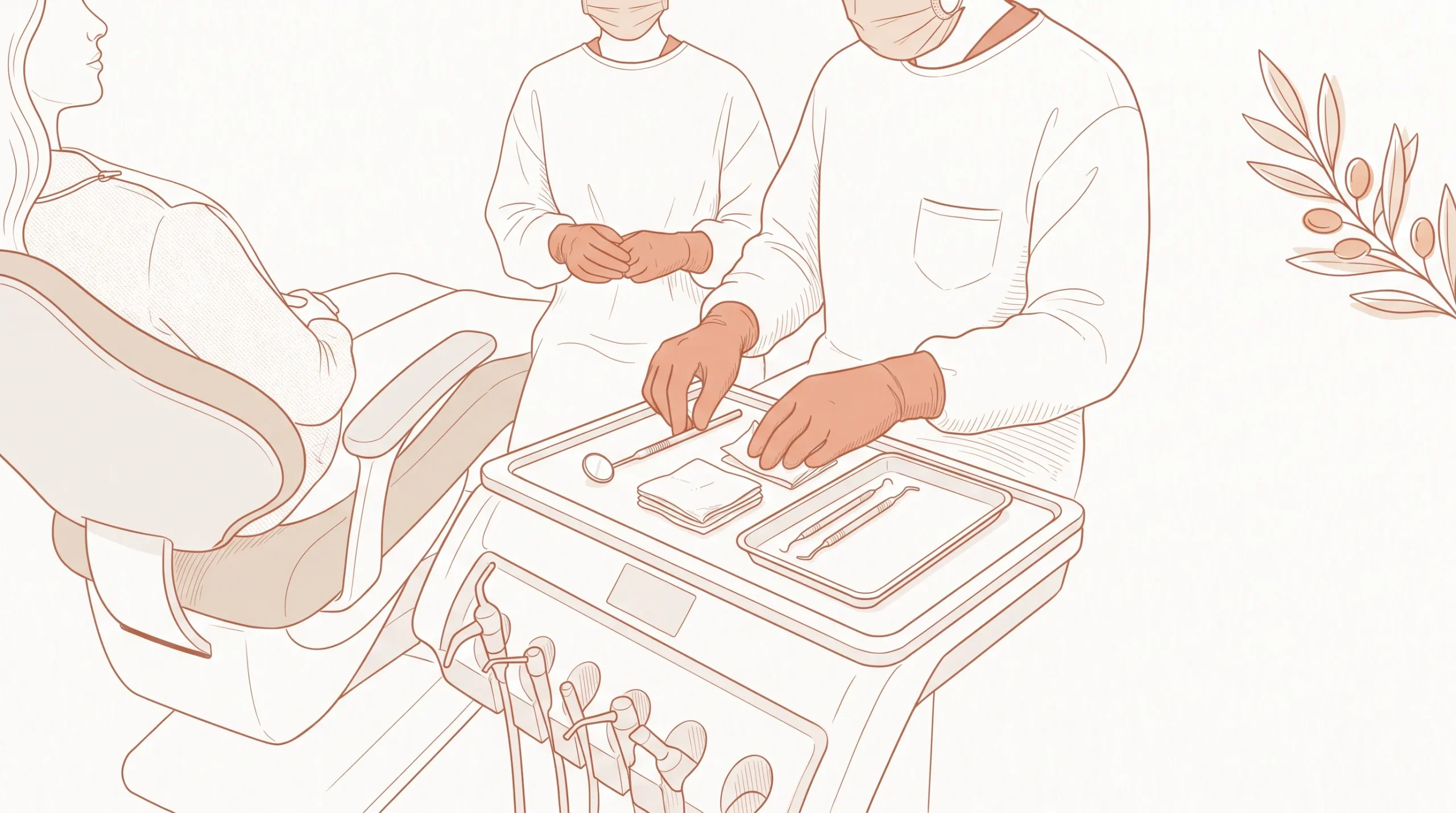 Gloved hands prepare a dental tray beside a chair, ready for an urgent appointment.