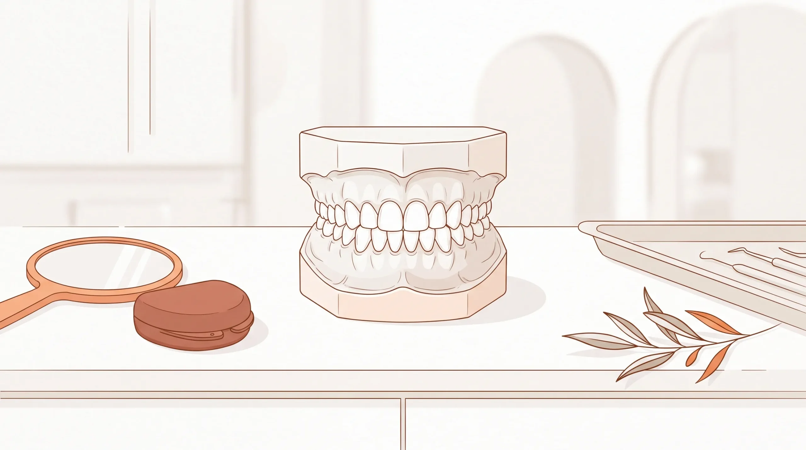 Orthodontic study models sit on a clinic counter beside a mirror and retainer case.
